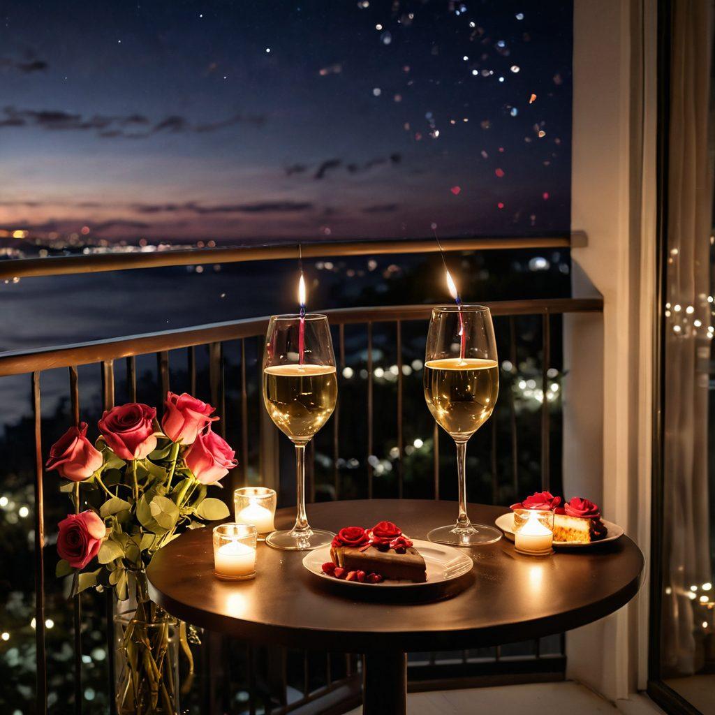 A romantic candlelit dinner setup on a balcony overlooking a starry sky, adorned with roses and soft fairy lights, showcasing two elegant wine glasses and a heart-shaped dessert. The scene is imbued with warm, inviting colors that evoke intimacy and connection. super-realistic. vibrant colors. warm ambiance.