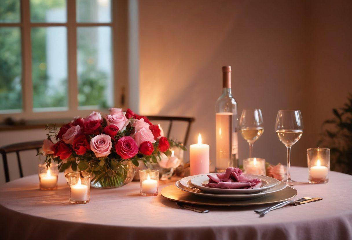 A romantic candlelit dinner table set for two, with soft pink and red roses in a vase, glimmering fairy lights overhead, and an inviting warm glow. Include a bottle of wine with two glasses, and a flickering candle casting gentle shadows. The scene encapsulates intimacy and allure, evoking feelings of affection and desire. super-realistic. warm tones. soft focus.