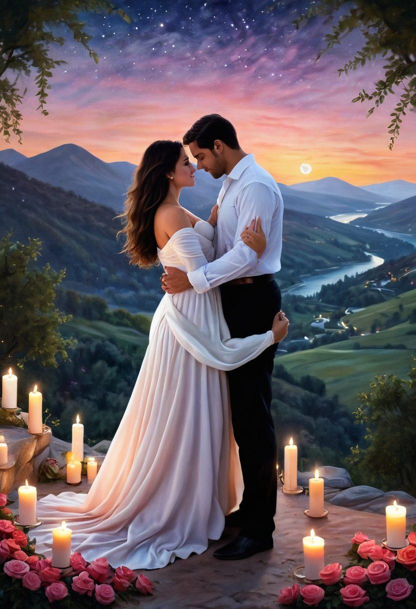 A romantic scene depicting a curvy couple embracing under a starlit sky, surrounded by soft, glowing candles and rose petals, symbolizing connection and affection. The couple radiates warmth and desire, with subtle colors reflecting their emotions. The background includes a serene landscape with gentle hills and a moonlit ambiance. oil painting. soft pastel colors. dreamy atmosphere.